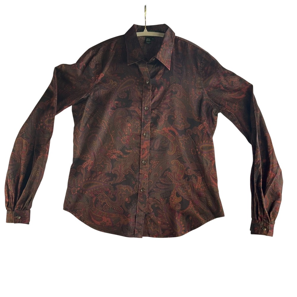 Lauren Ralph Lauren Petite Cotton Paisley Button Down Shirt Brown Burgundy P/S